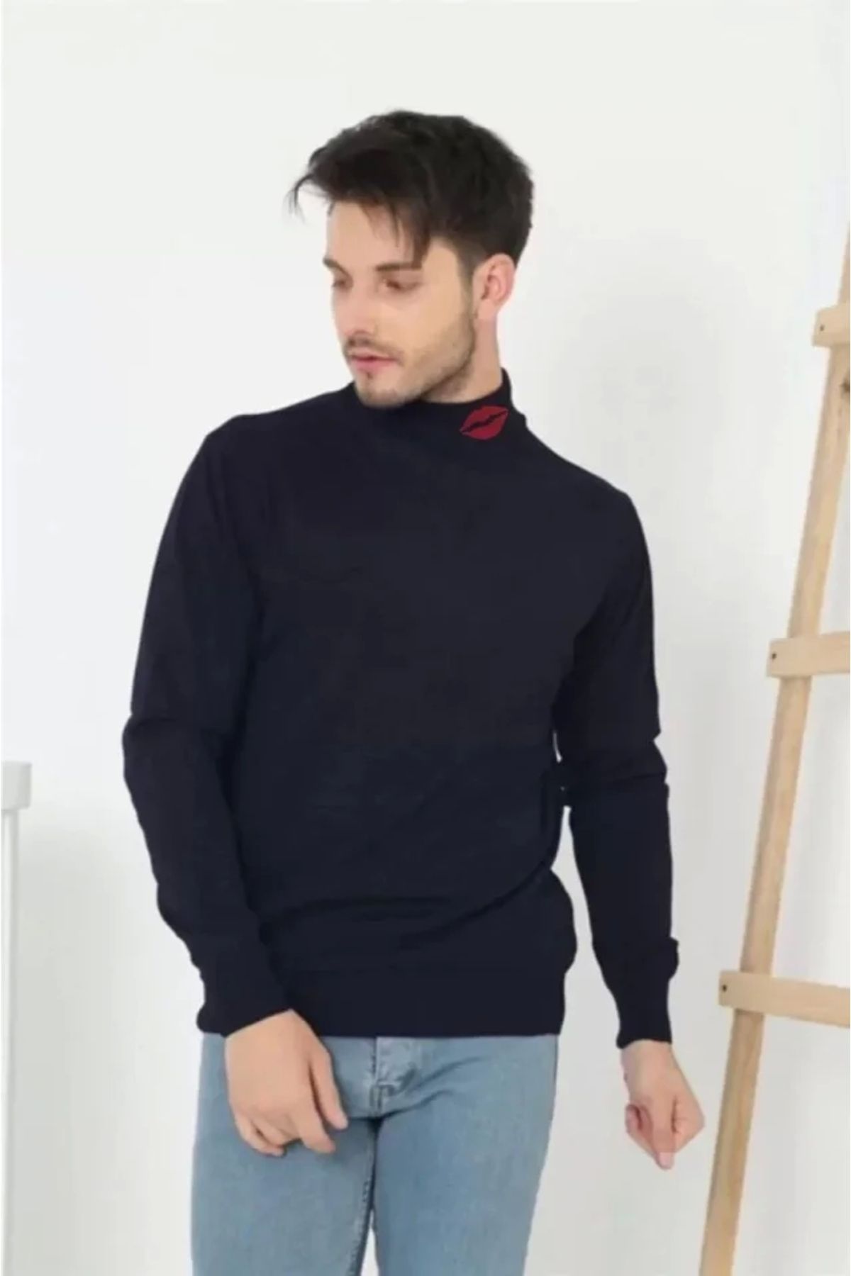 Silerra Unisex Yarım Boğazlı Baskılı Dokuma Triko - Lacivert
