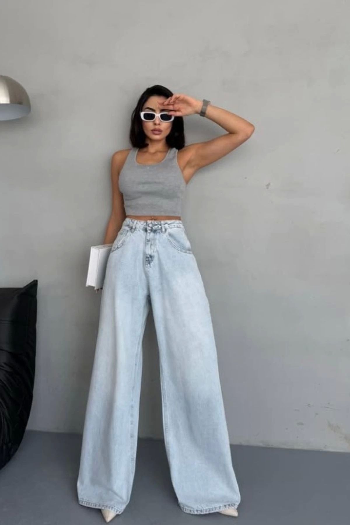 Tam12den Home Kadın Yüksek Bel Geniş Baggy Paça Jean Kot Pantolon Buz Mavisi
