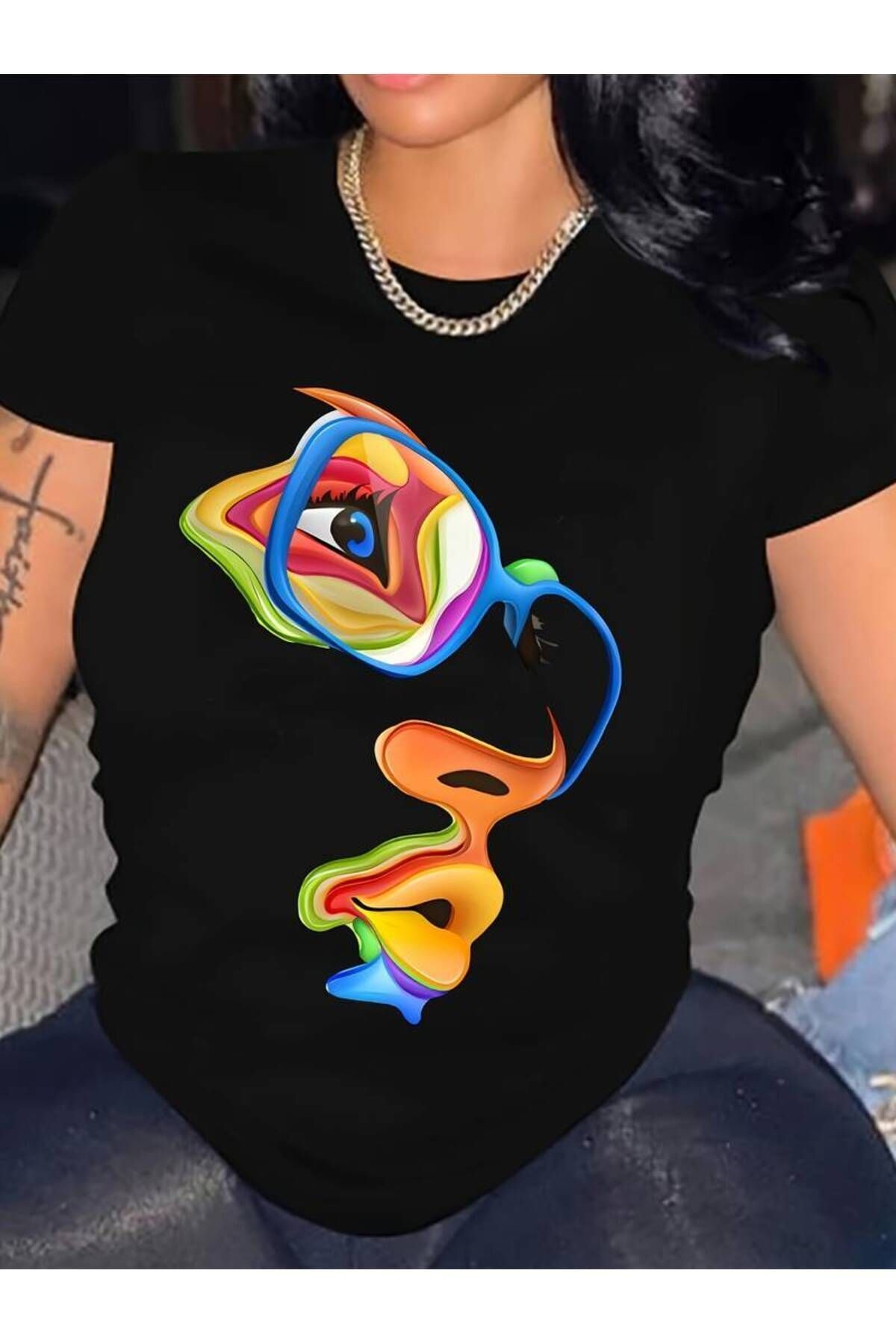 ELNOYA Siyah Oversize Tişört - Abstract Art Face Print T-Shirt Büyük Beden