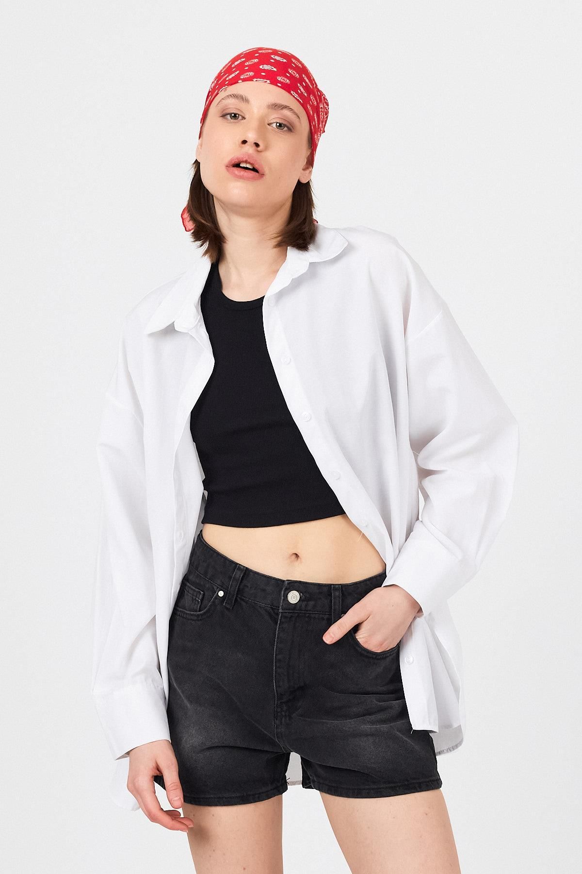 Rays Beyaz Oversize Basic Uzun Gömlek 4664A