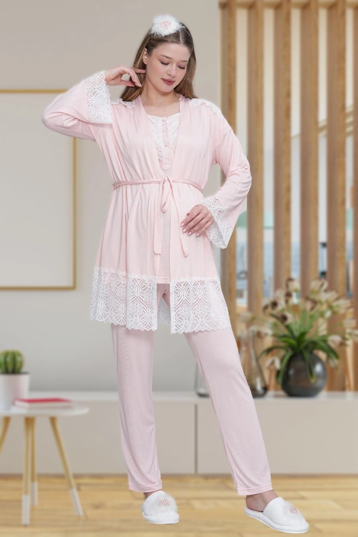 Pelin Kadın Pudra Dantel Detaylı Lohusa Hamile 3'Lü Pijama Takımı