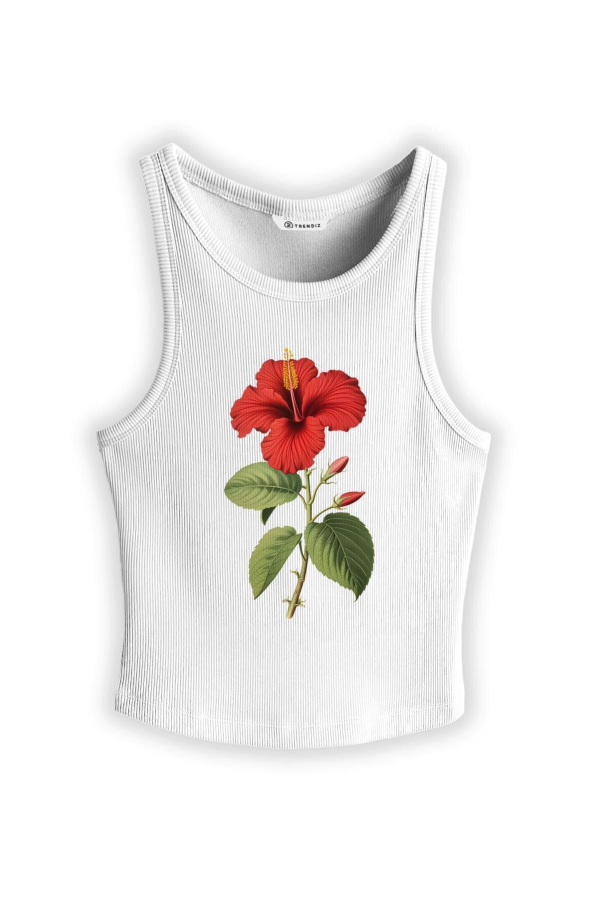 Trendiz Kadın Red Hibiscus Askılı Atlet Beyaz 9013