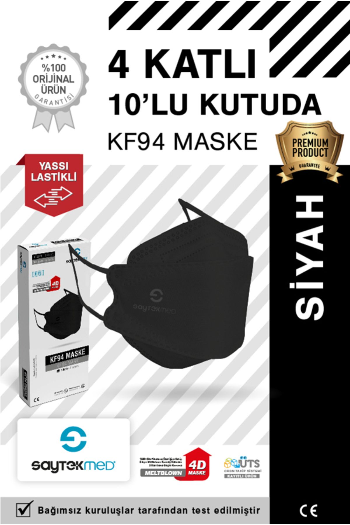 SAYTEKMED KF94 Kore Tipi 4 Katlı Siyah Maske Tekli Poşet, Uv Steril (10 ADET/1 KUTU)