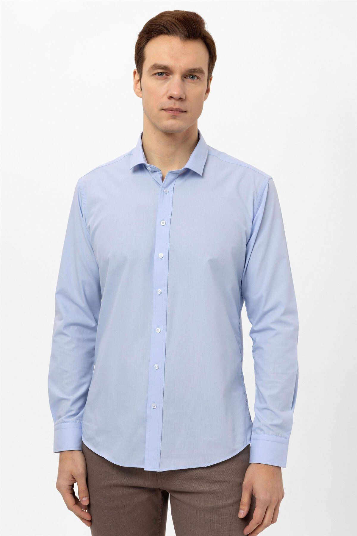 SÜVARİ Süvari Slim Fit Kolay Ütü Teri Emen Nefes Alan Kravatlık Dört Mevsim Erkek Gömlek