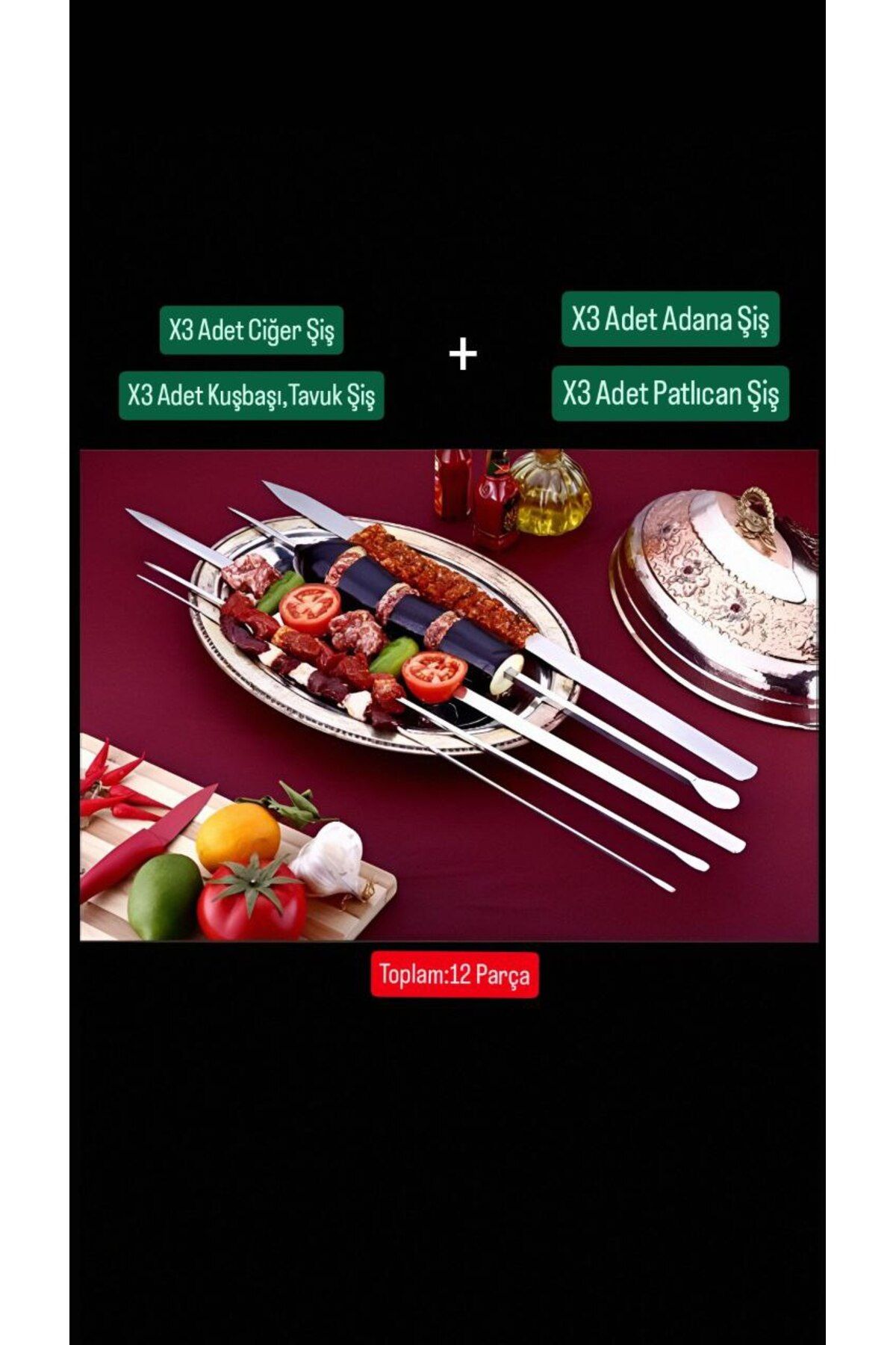 Metler Karışık Mangal Şiş Seti + 12 Parça (3 Ciğer, 3 Adana,3 Tavuk Kuşbaşı,3 Patlıcan Şiş) Kebap Şiş Seti