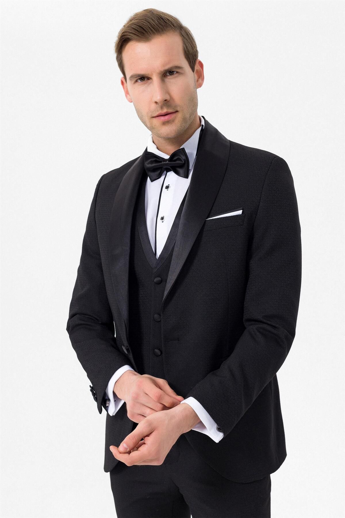 SÜVARİ Siyah Slim Fit Armürlü 6 Drop Smokin & Damatlık
