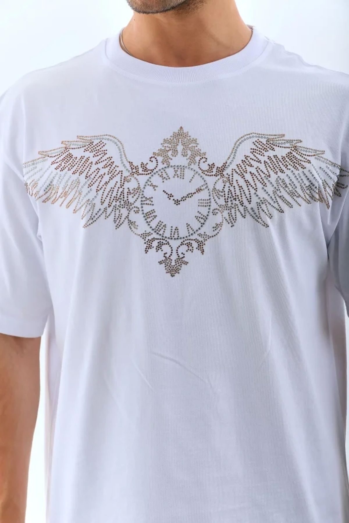 Silerra Unisex Oversize Taşlı Bisiklet Yaka T-Shirt - Beyaz