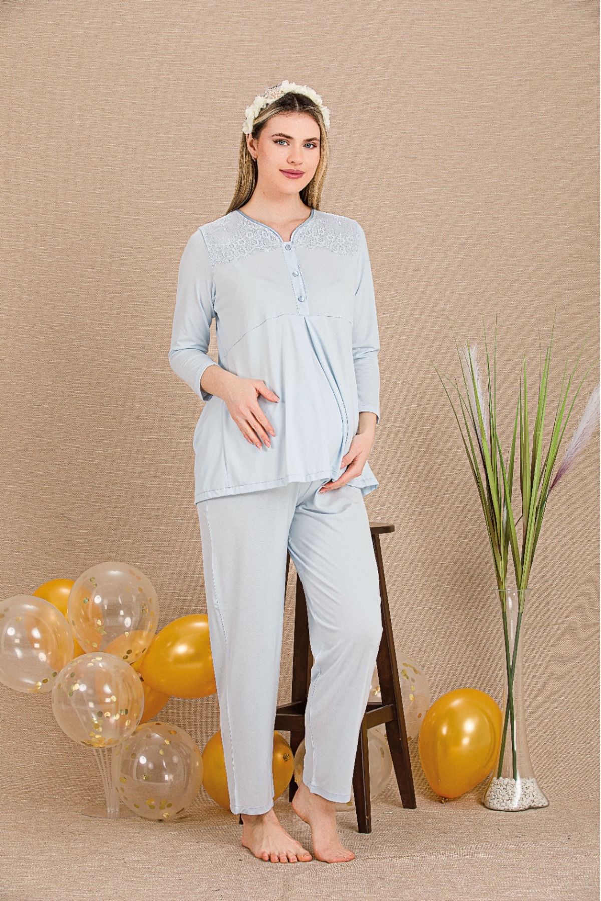 Lady Lingerie Uzun Kollu,Düğme Yakalı Lohusa-Hamile Pijama Takımı