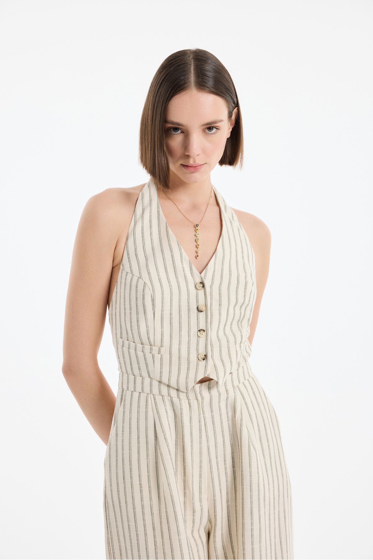 Quzu-Ριγέ μακρύ ολόσωμο με γιακά Halter Natural 4