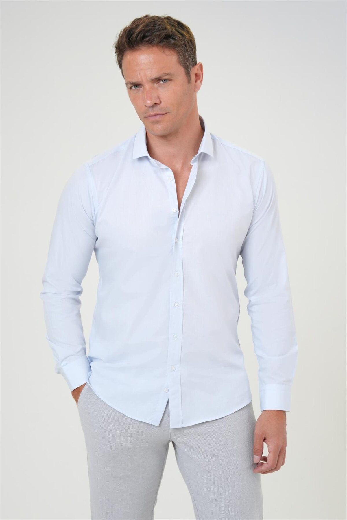 SÜVARİ Süvari Slim Fit Kolay Ütü Teri Emen Nefes Alan Kravatlık Dört Mevsim Erkek Gömlek