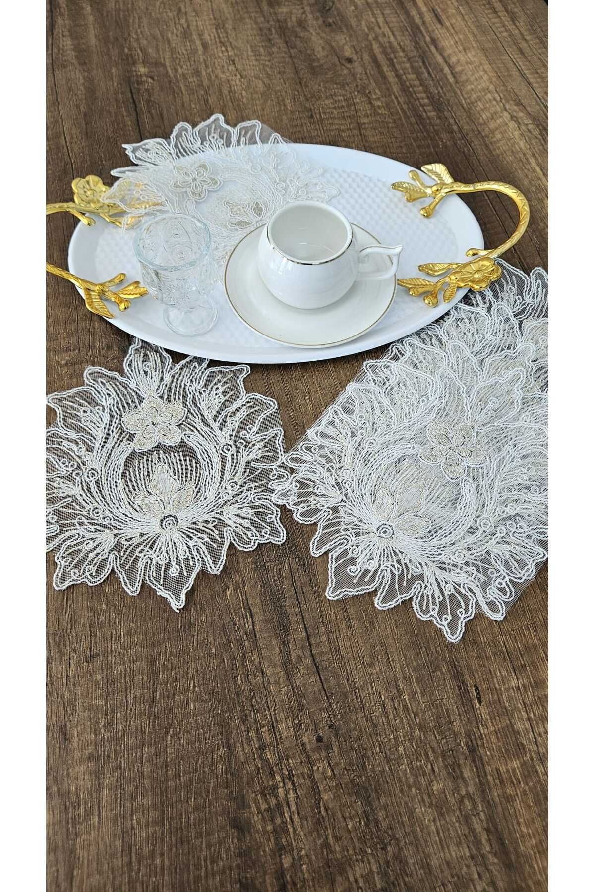ZESA HOME 6 Lı Kahve Yanı Şık Sunum Peçeteleri Tül Güpürlü