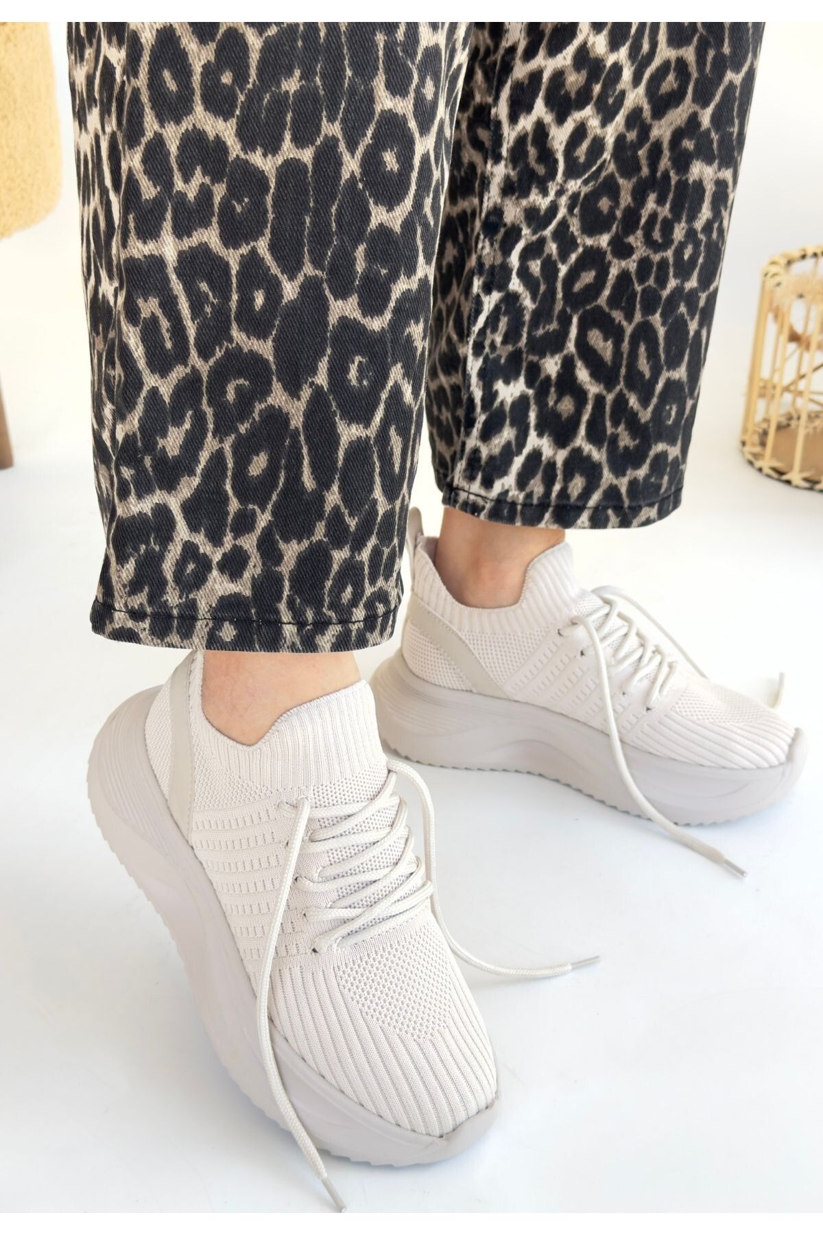 devrialemshoes Jindy Bej Triko Bağcıklı Spor Ayakkabı