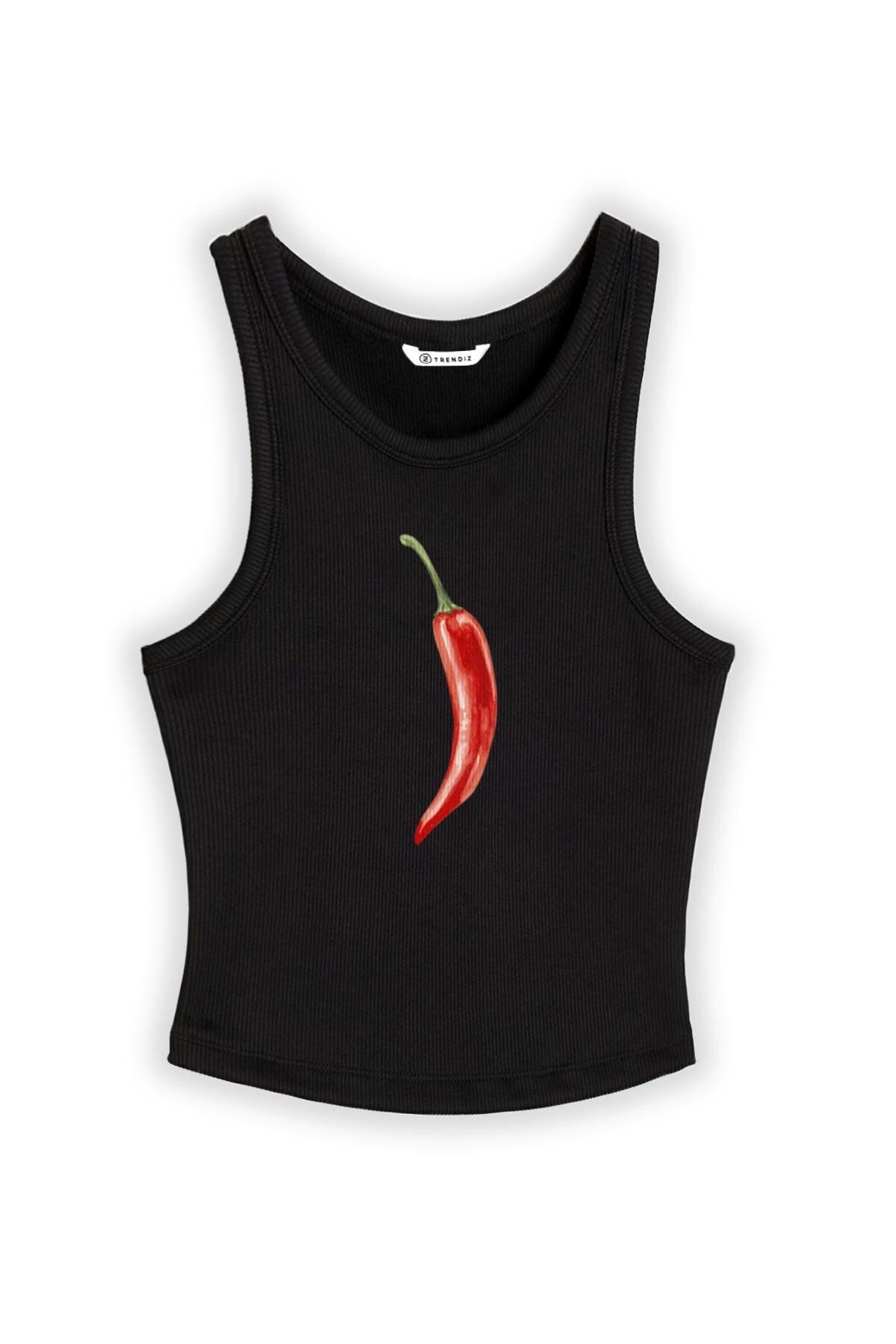 Trendiz Kadın Chili Pepper Askılı Atlet Siyah 9013