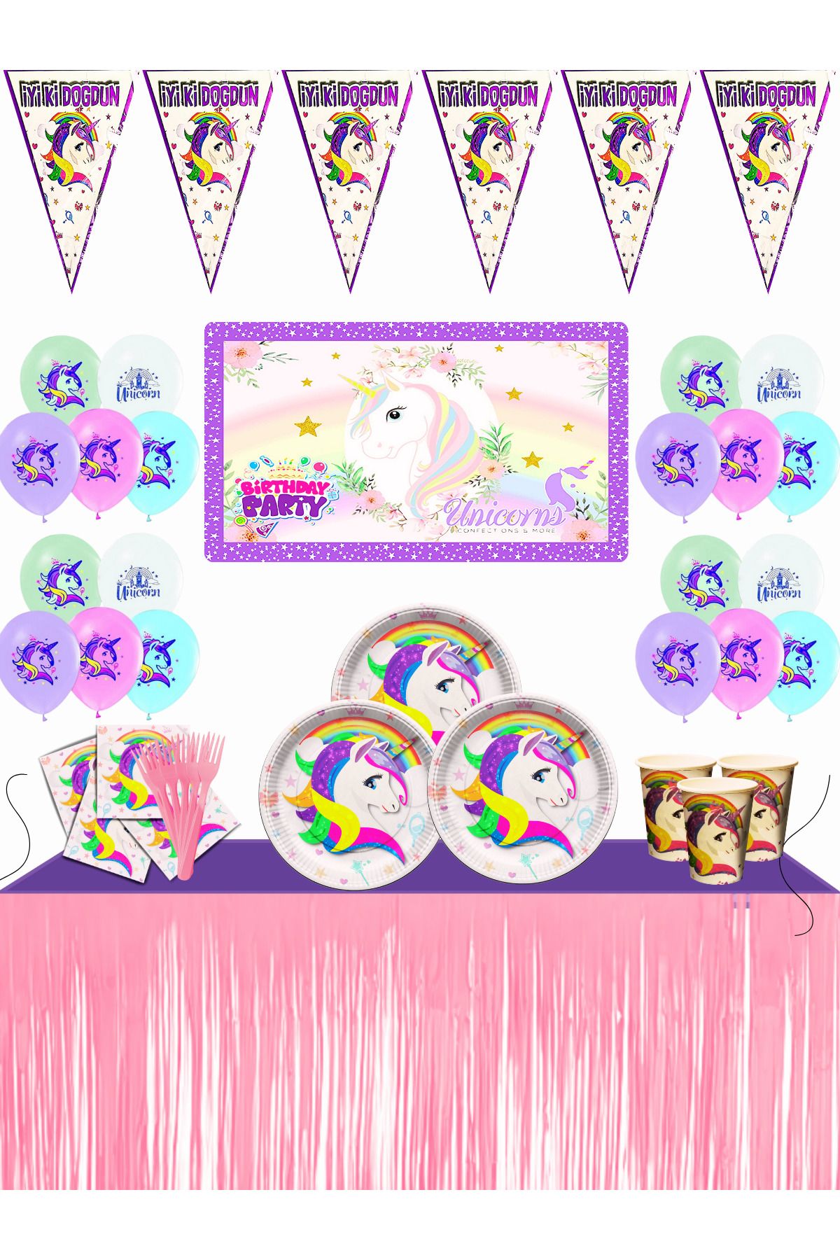 snowparty Unicorn Afişli Metalize Masa Etekli Doğum Günü Parti Malzemeleri Süsleri Seti
