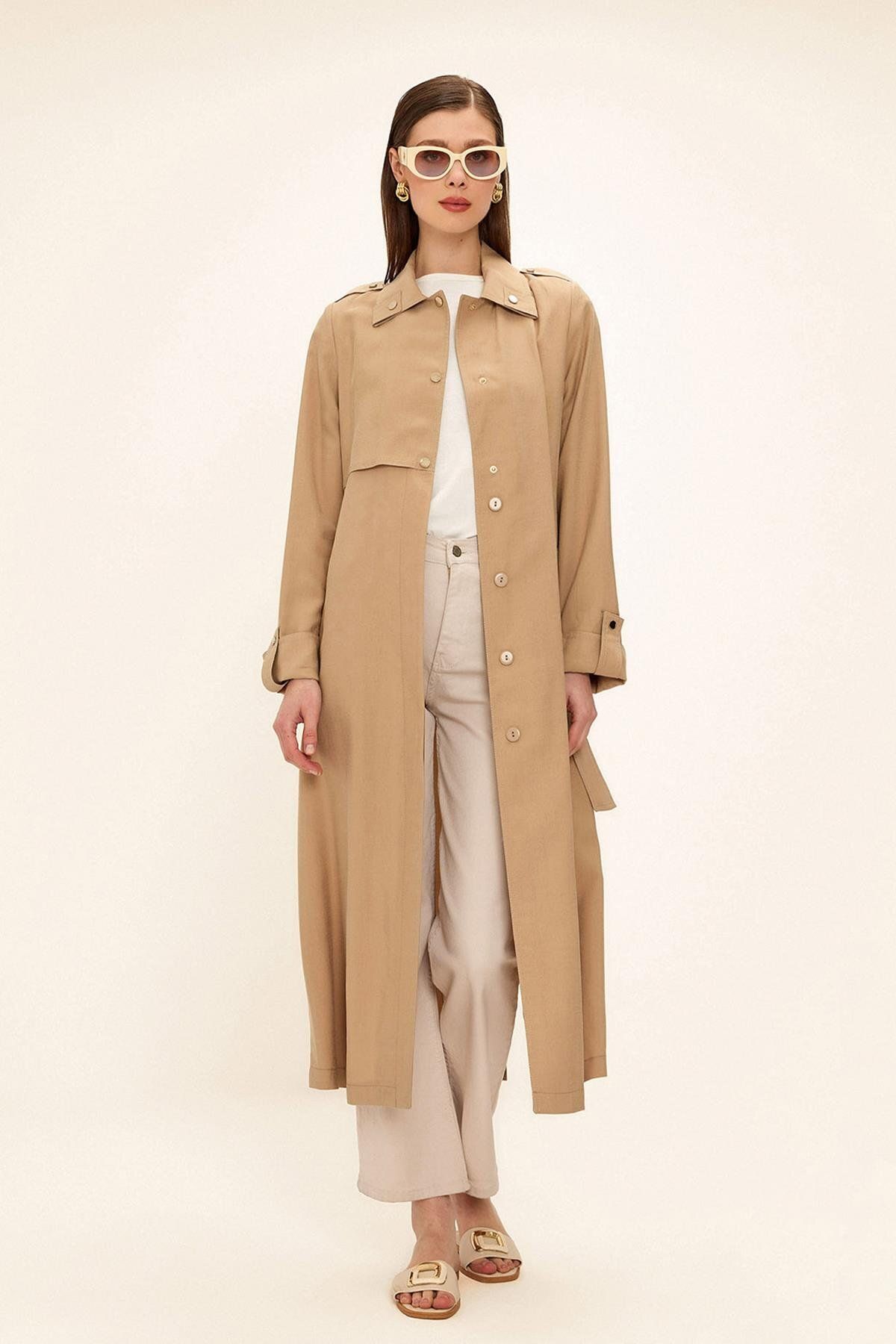 Olcay-Unlined Modal Trench Coat with Contrast Stitching Detail Beige 6717 6