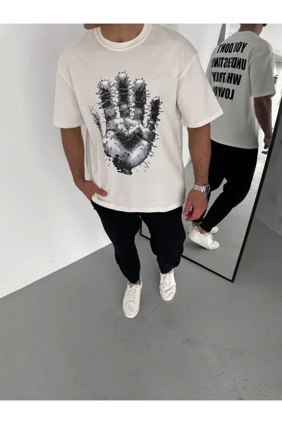 Silerra Unisex Bisiklet Yaka Baskılı Oversize T-Shirt - Beyaz