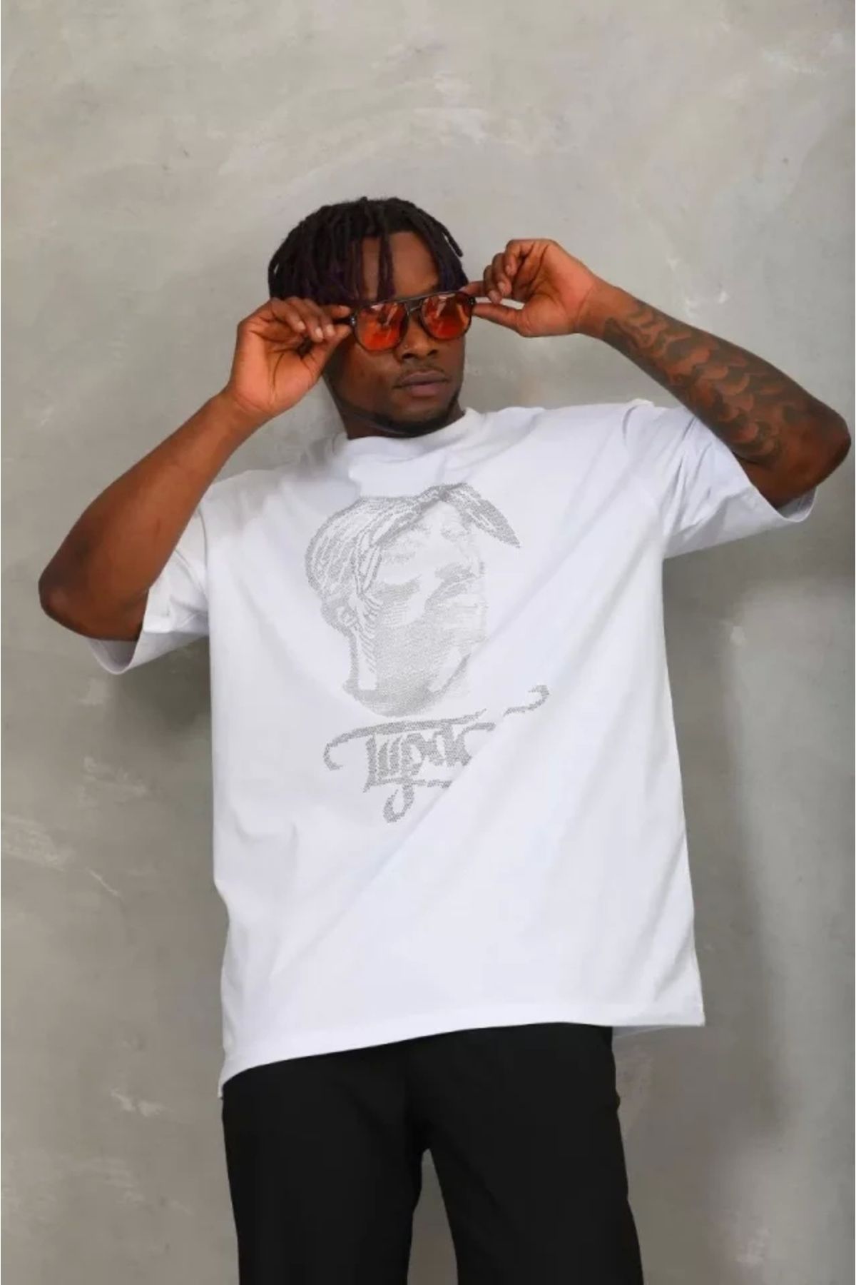 Silerra Unisex Oversize Taşlı Bisiklet Yaka T-Shirt - Beyaz