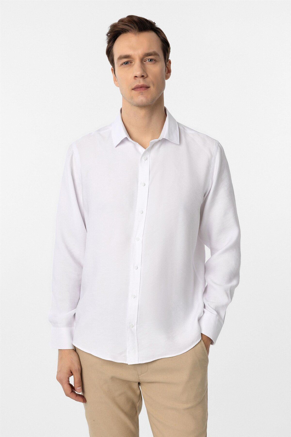 SÜVARİ Süvari Slim Fit Kolay Ütü Teri Emen Nefes Alan Kravatlık Dört Mevsim Erkek Gömlek