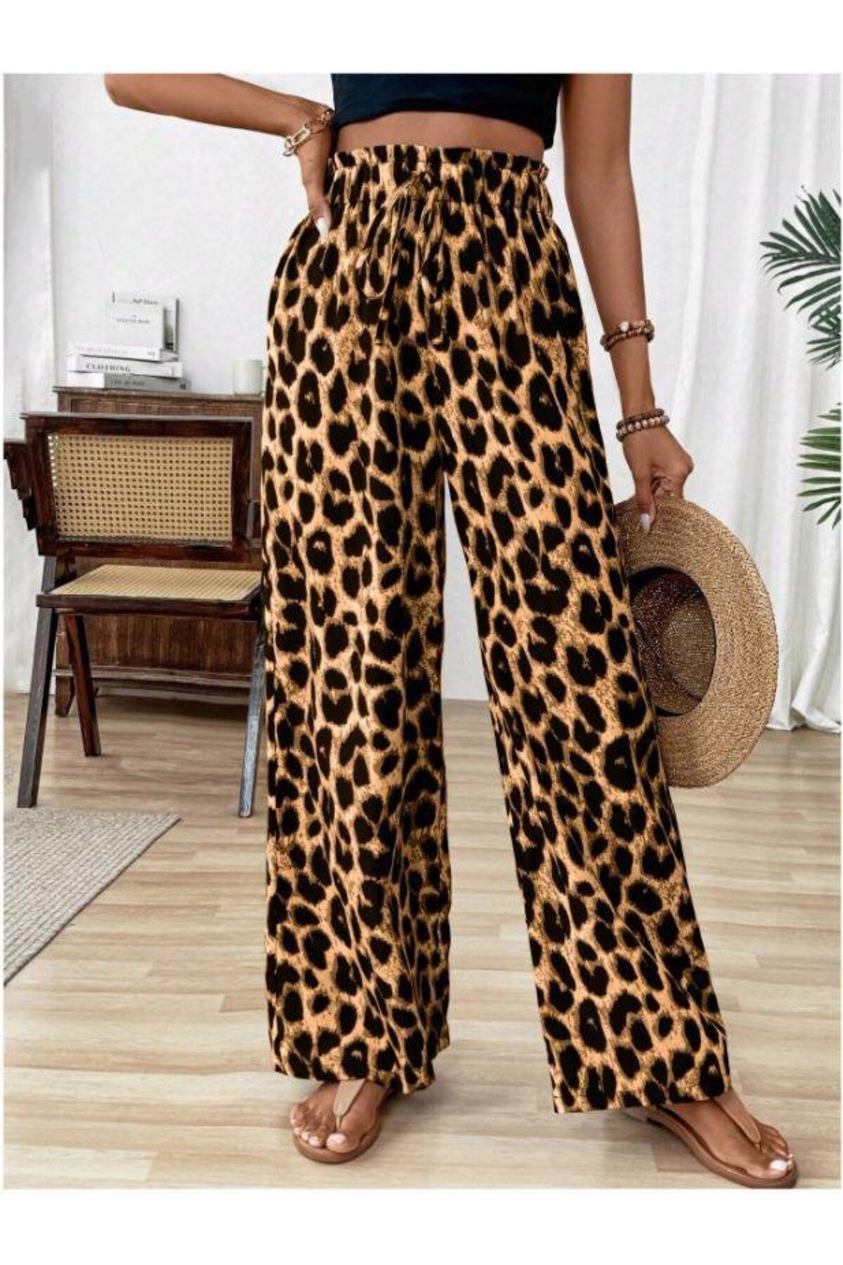 Viyamo Yeni Sezon Kadın Beli Lastikli Leopar Desen Rahat Süprem Pantolon