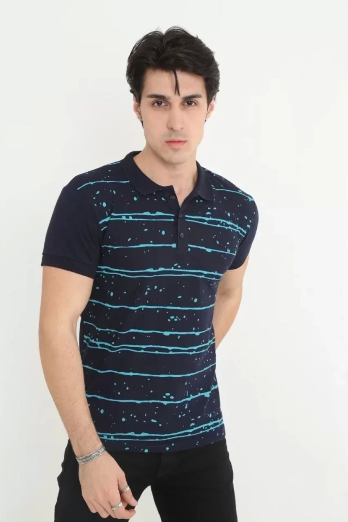 Silerra Erkek Yakalı Slim Fit Pike Çizgili T-Shirt - Lacivert