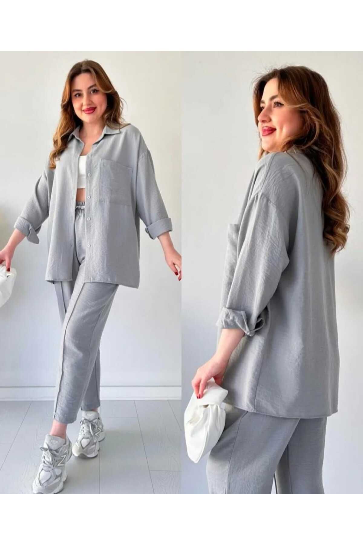 BUTİK1AVM Kadın Gıri Keten İkili Gömlek Pantolon Takım
