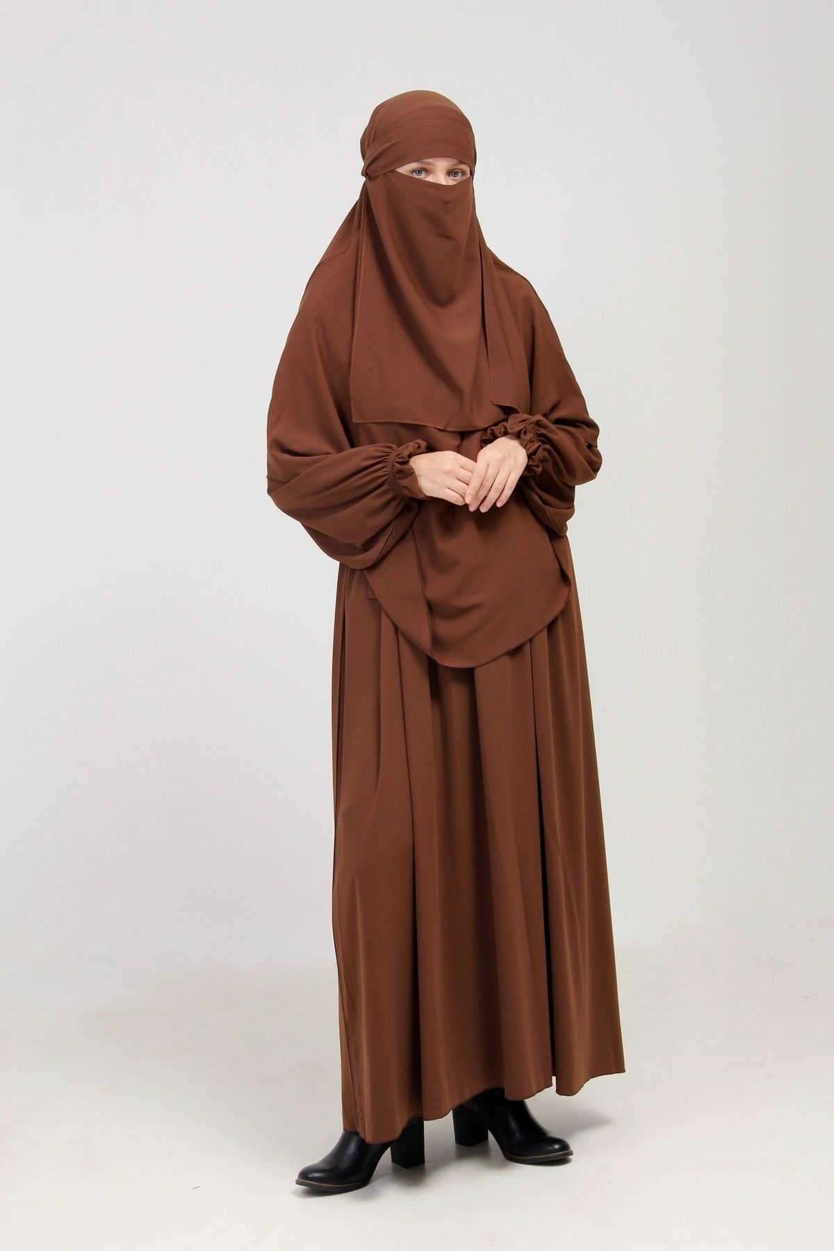 Altobeh Abaya Takımı- 3lü Takım- Kolu Fırfırlı Kemerli Çarşaflı Peçeli Takım