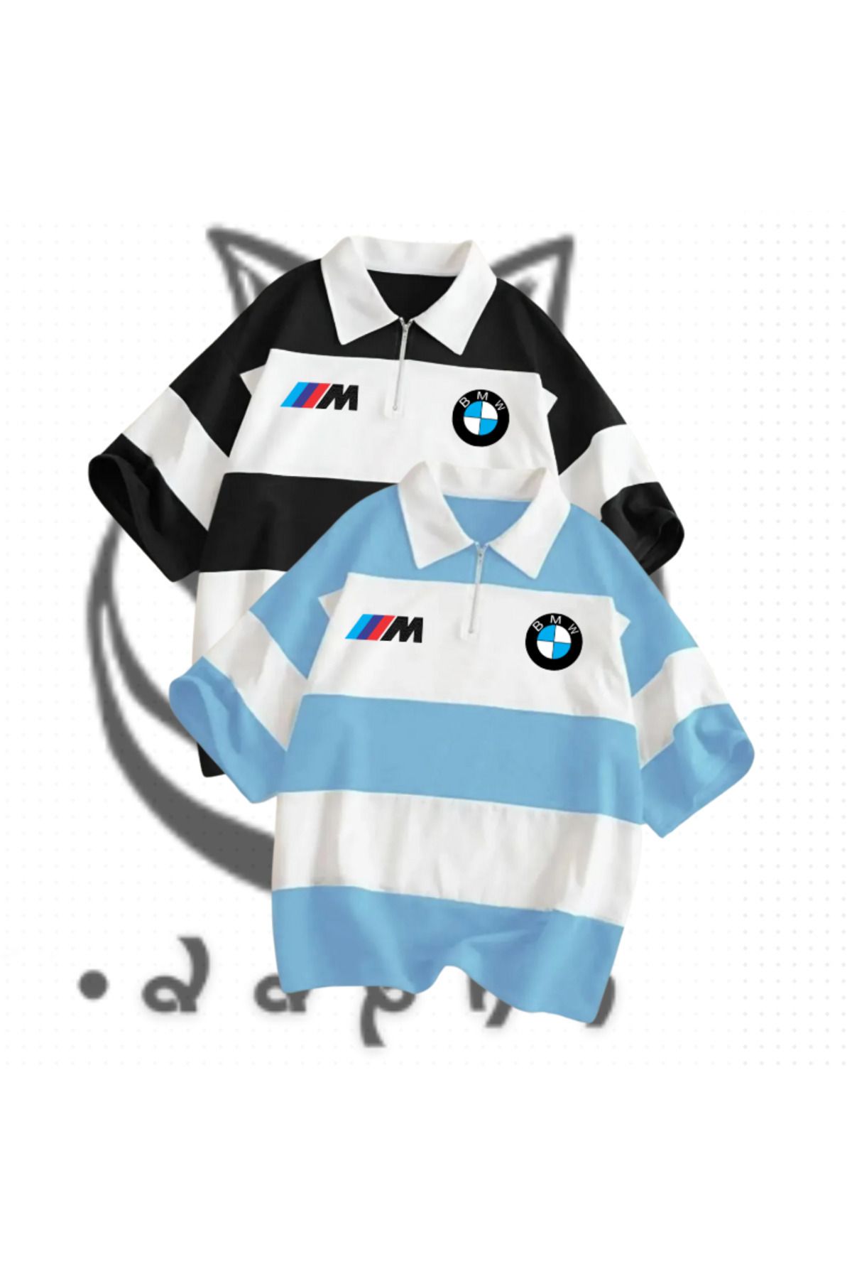 DAPHN Yeni Sezon Unisex Erkek Kadın BMW M3 Baskılı Polo Yakalı Fermuarlı Oversize T-shirt İkili (2'li) Set