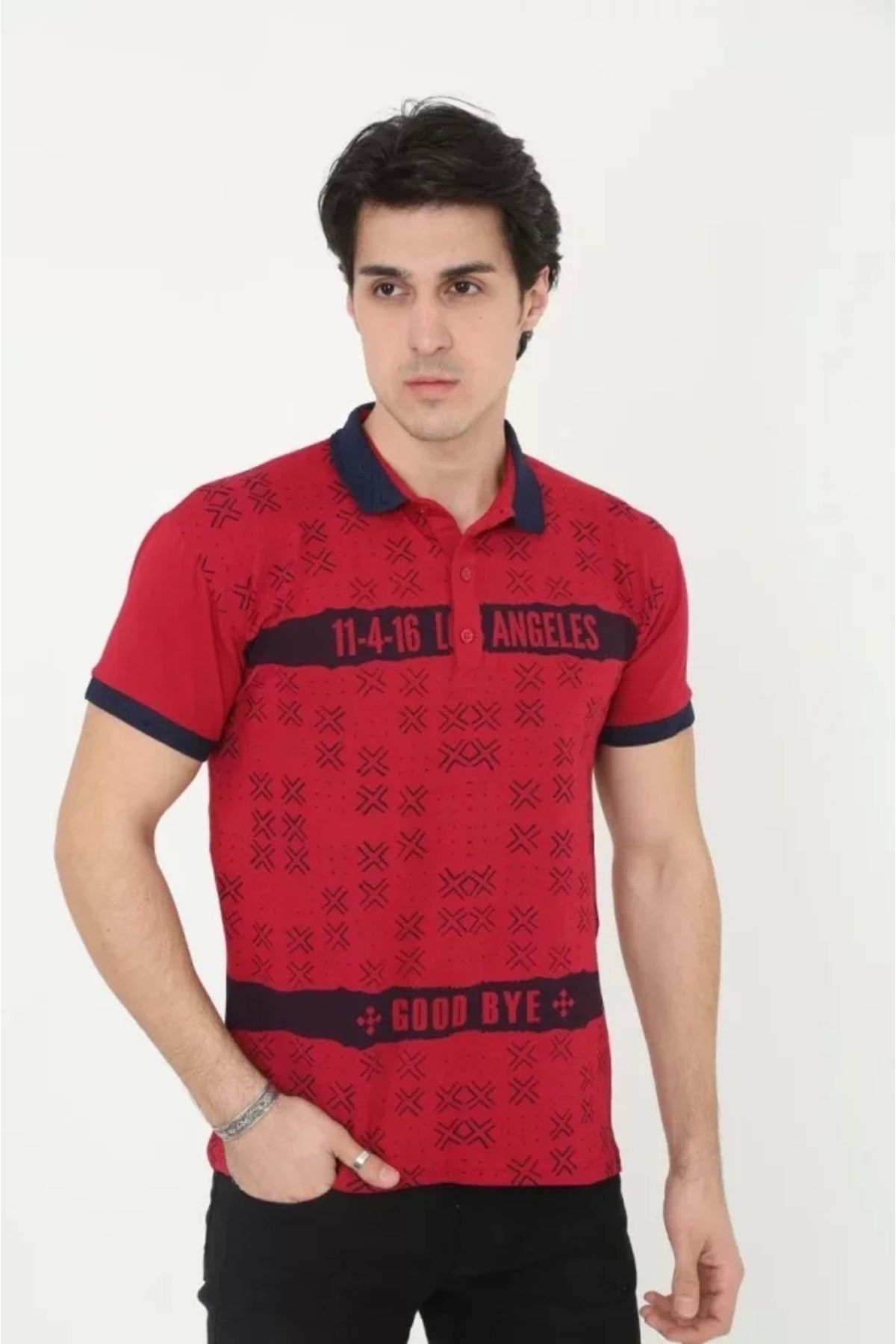Silerra Erkek Yakalı Slim Fit Baskılı T-Shirt - Kırmızı