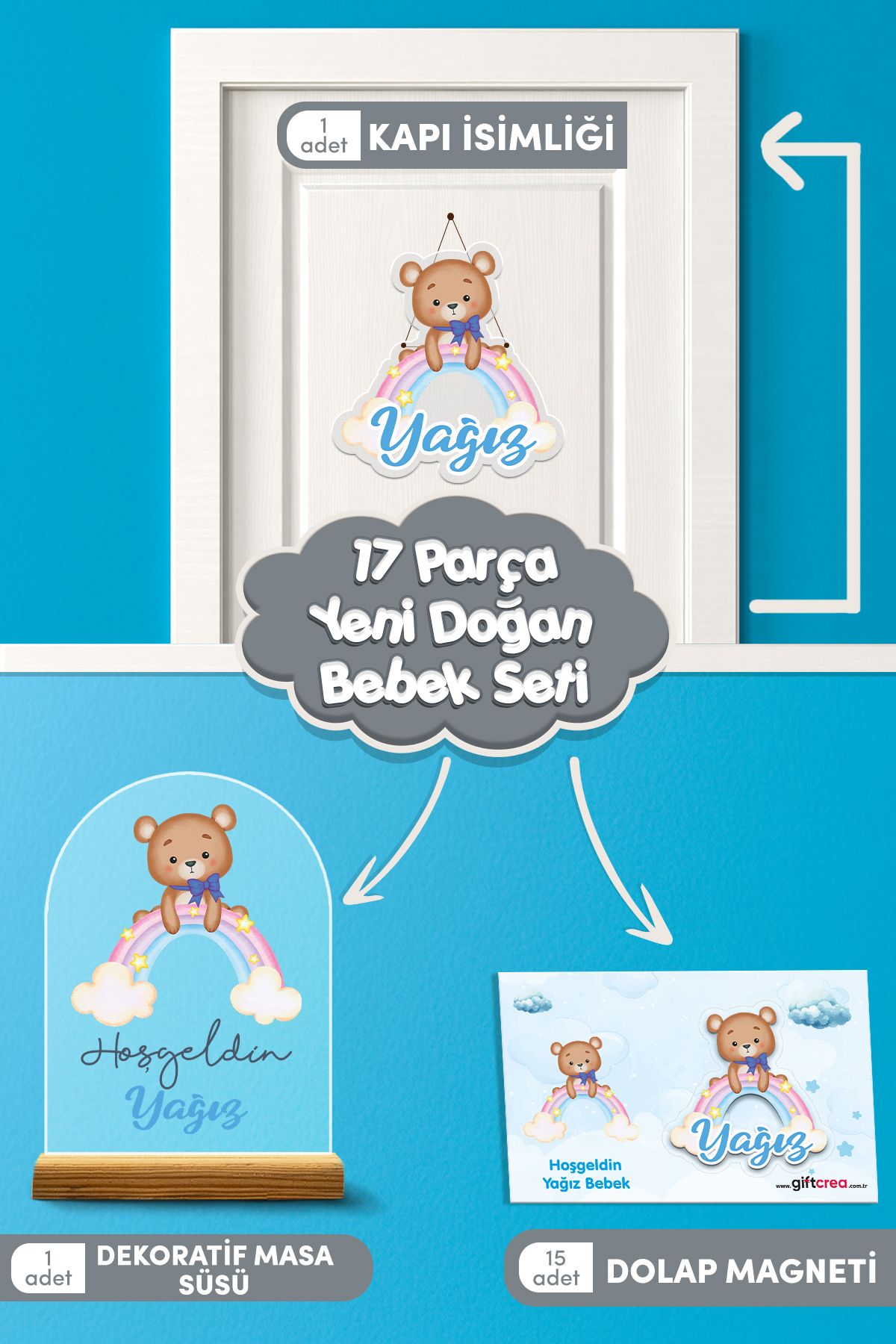 giftcrea Kişiye Özel Gökkuşağı Temalı 17 Parça Yenidoğan Seti - Kapı Süsü, Masa Süsü, Magnet