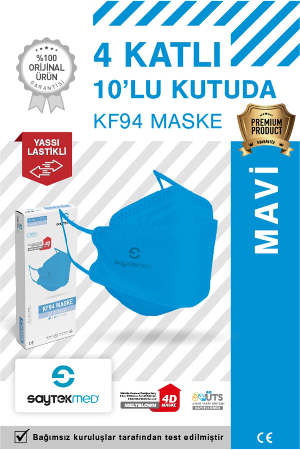 SAYTEKMED KF94 Kore Tipi 4 Katlı Mavi Maske Tekli Poşet, Uv Steril (10 ADET/1 KUTU)