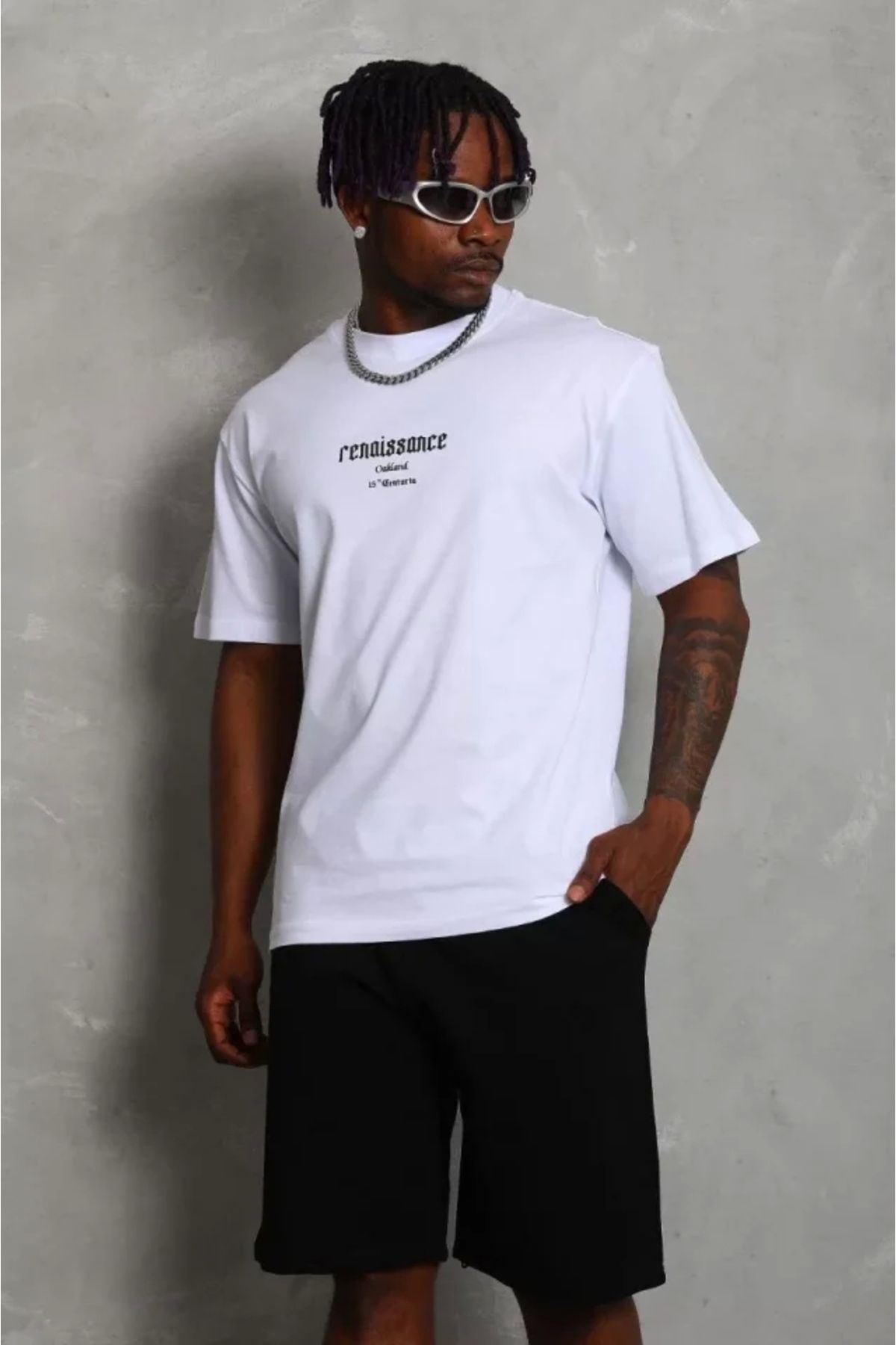 Silerra Unisex Oversize Baskılı Bisiklet Yaka T-Shirt - Beyaz