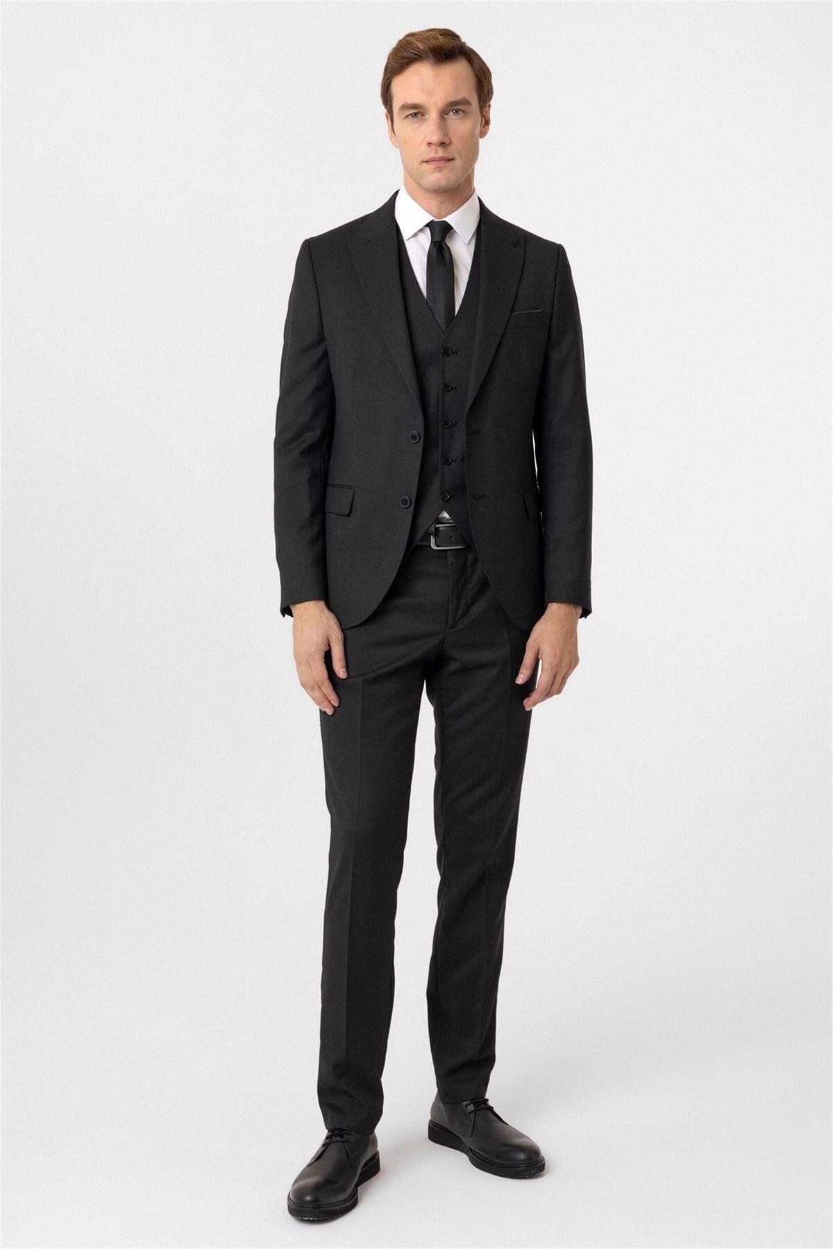 Black Slim Fit Dobby Pointed Collar Classic Suit with 6 Drop Vest