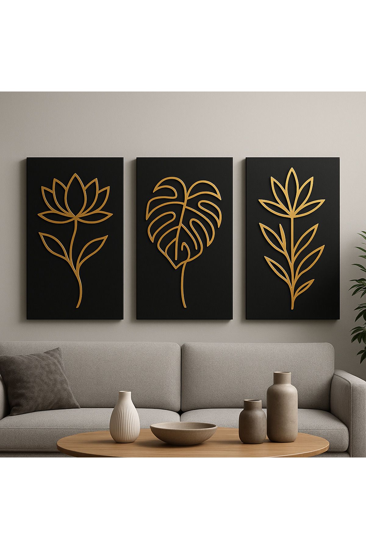 ARDELLA 3’lü Gold Pleksi Bitki Desenli MDF Tablo Seti – 25x35 cm