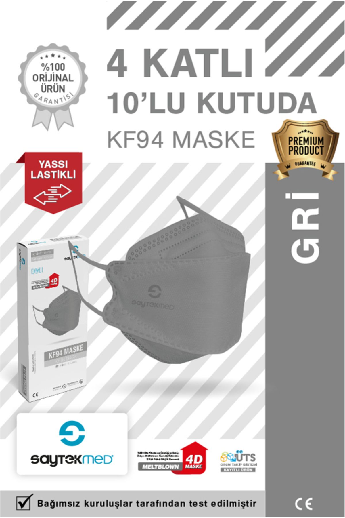 SAYTEKMED KF94 Kore Tipi 4 Katlı Gri Maske Tekli Poşet, Uv Steril (10 ADET/1 KUTU)
