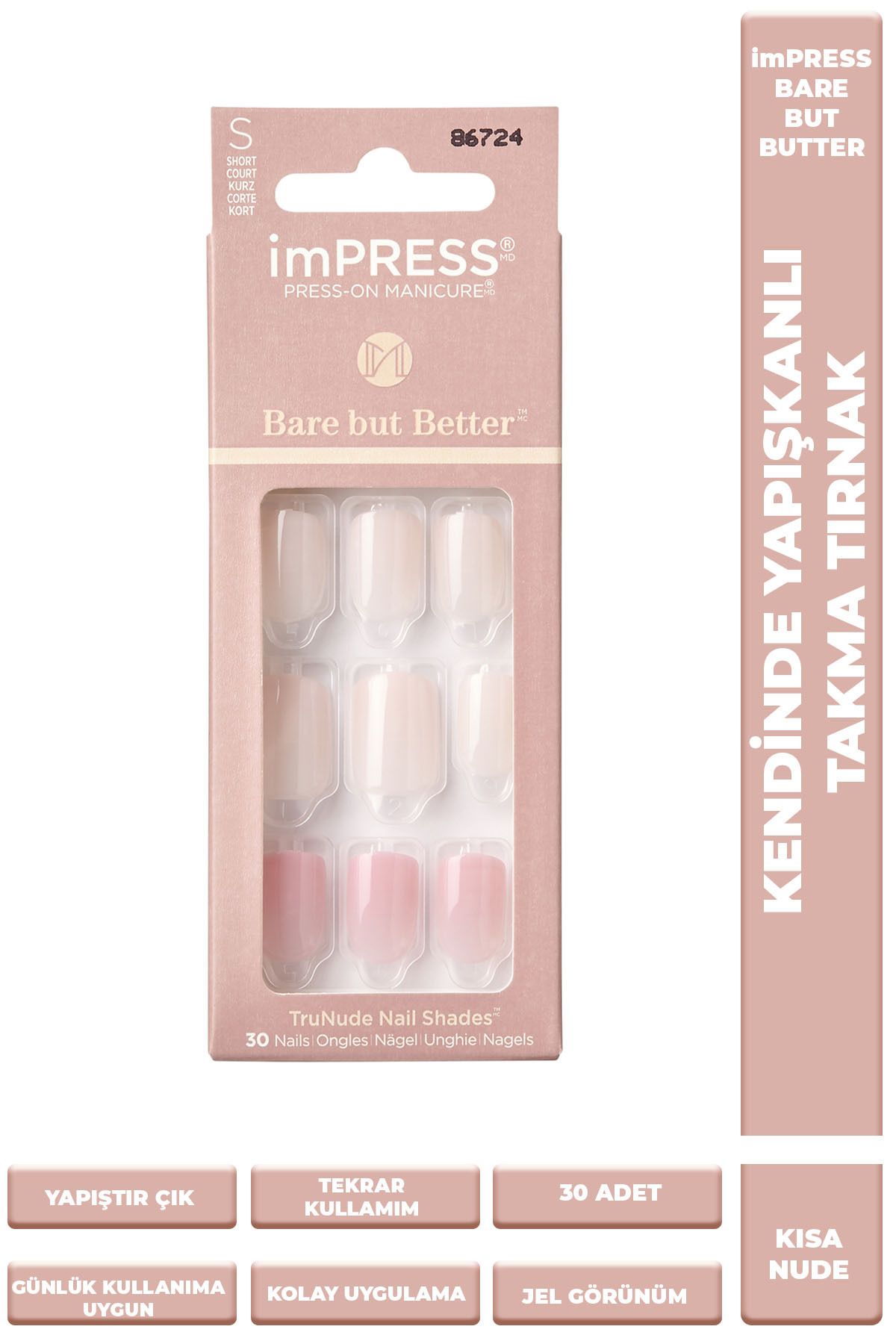 Impress Kendinden Yapışkanlı Takma Tırnak Kısa Nude Pembe