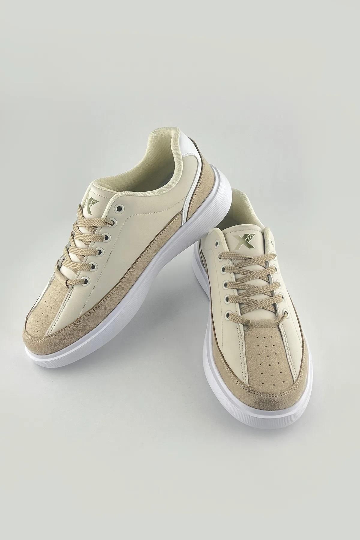 xson Dijital Baskı Erkek Bej-Beyaz Sneaker Ayakkabı