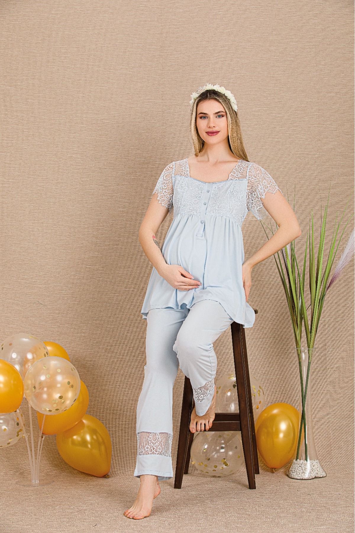 Lady Lingerie Düğme Yakalı Kısa Kollu Dantel Detaylı Lohusa-Hamile Pijama Takımı