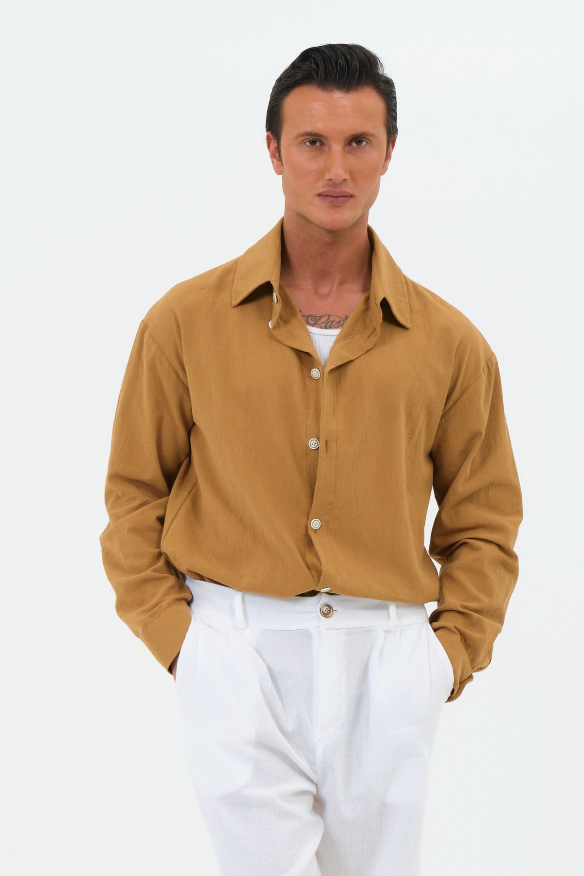 RELAXL %100 Pamuk Vintage Yaka Uzun Kol Oversize Erkek Gömlek Camel