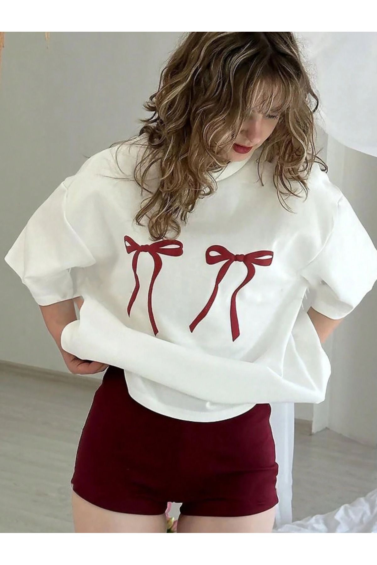 JAMPY Unisex Erkek/Kadın KURDELE Özel Baskılı Oversize Pamuklu T-Shirt Tişört
