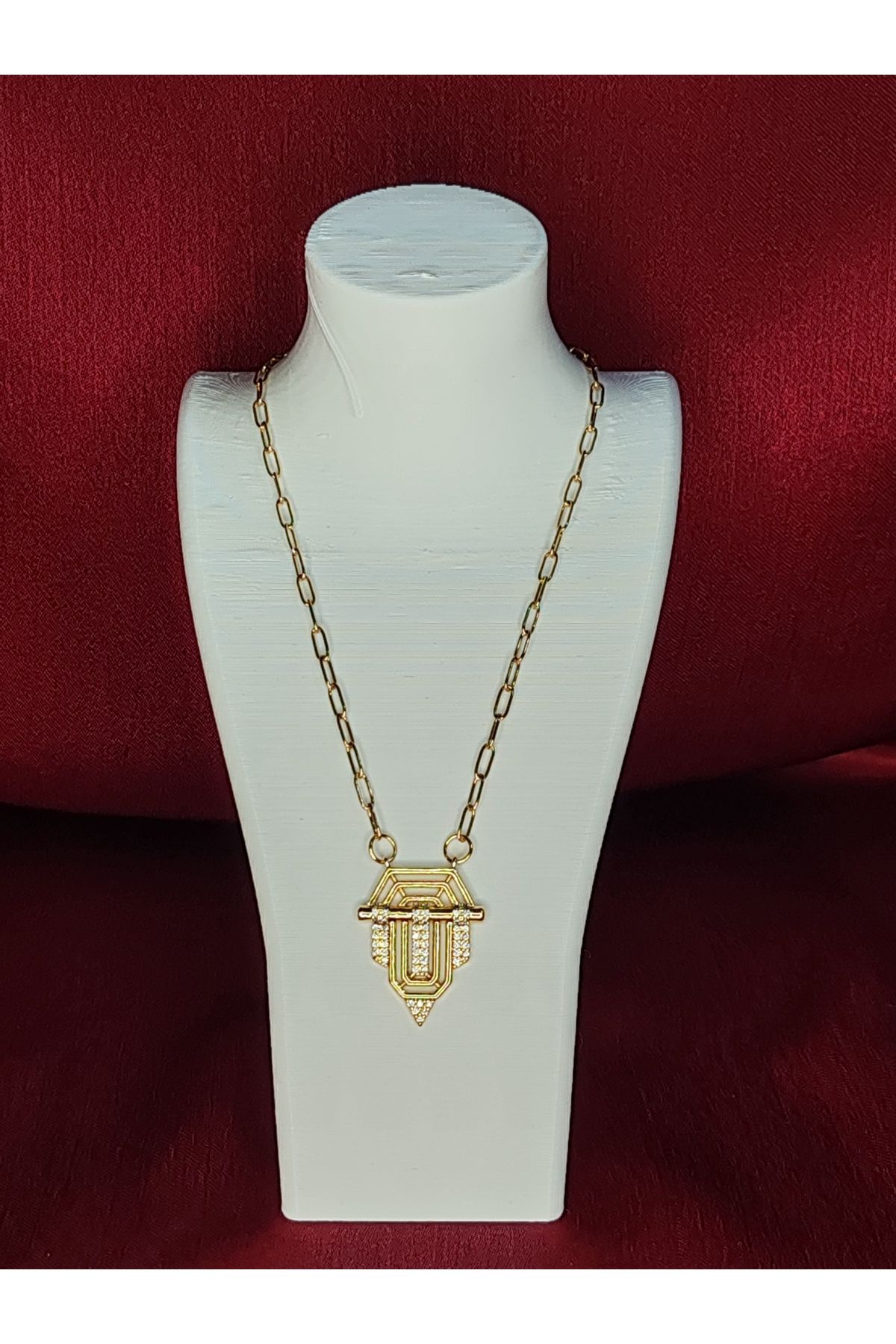 YK JEWELRY Paslanmaz Çelik Gold - Geometrik Formlu Taş Detaylı Zincirli Model