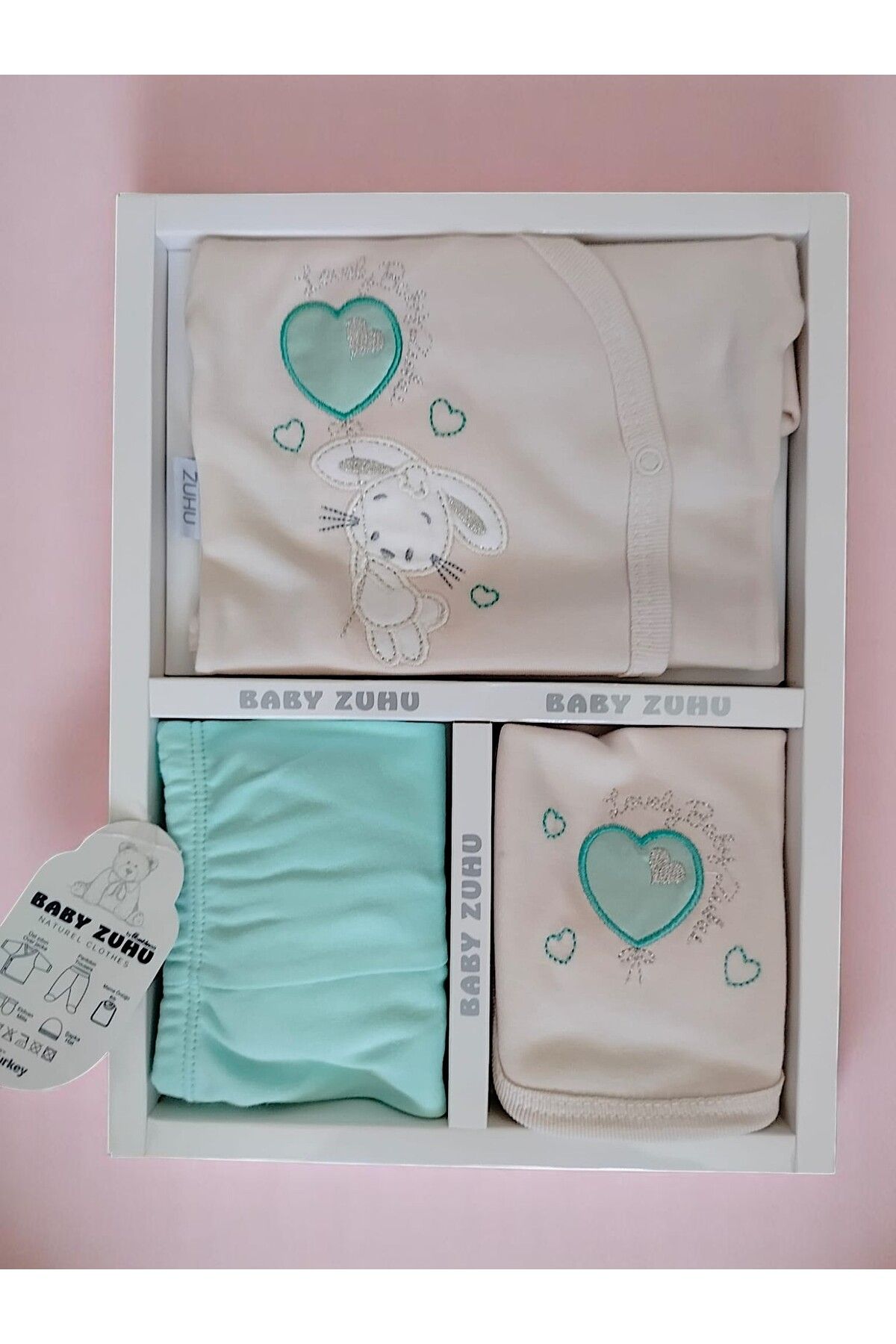MİLAYS LİFE HOME COLLECTİON yenidoğan kız bebek tavşan nakışlı 5 li hastane çıkışı önlüklü zıbın takımı %100 pamuk