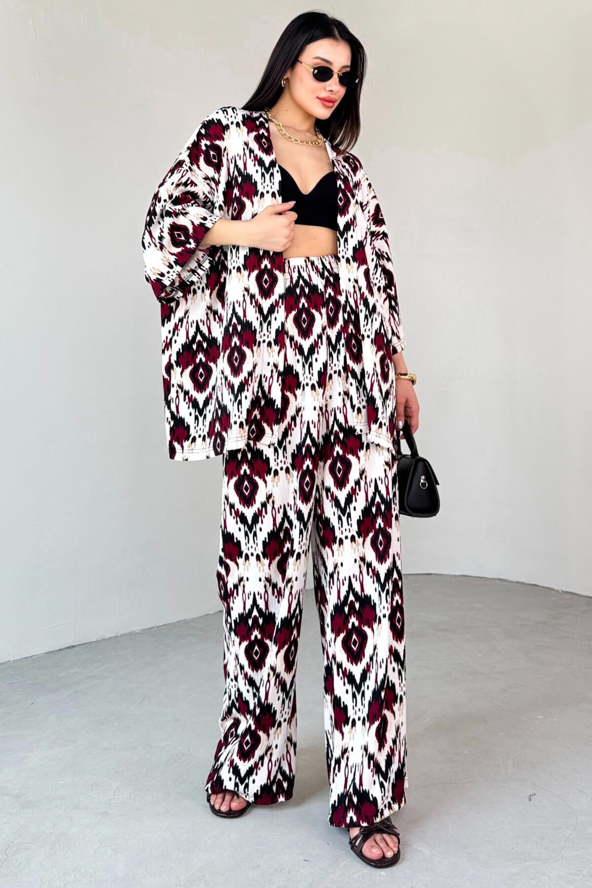 Cappmoda TKM-13296 Bordo Etnik Desenli Kimono & Pantolon İkili Takım
