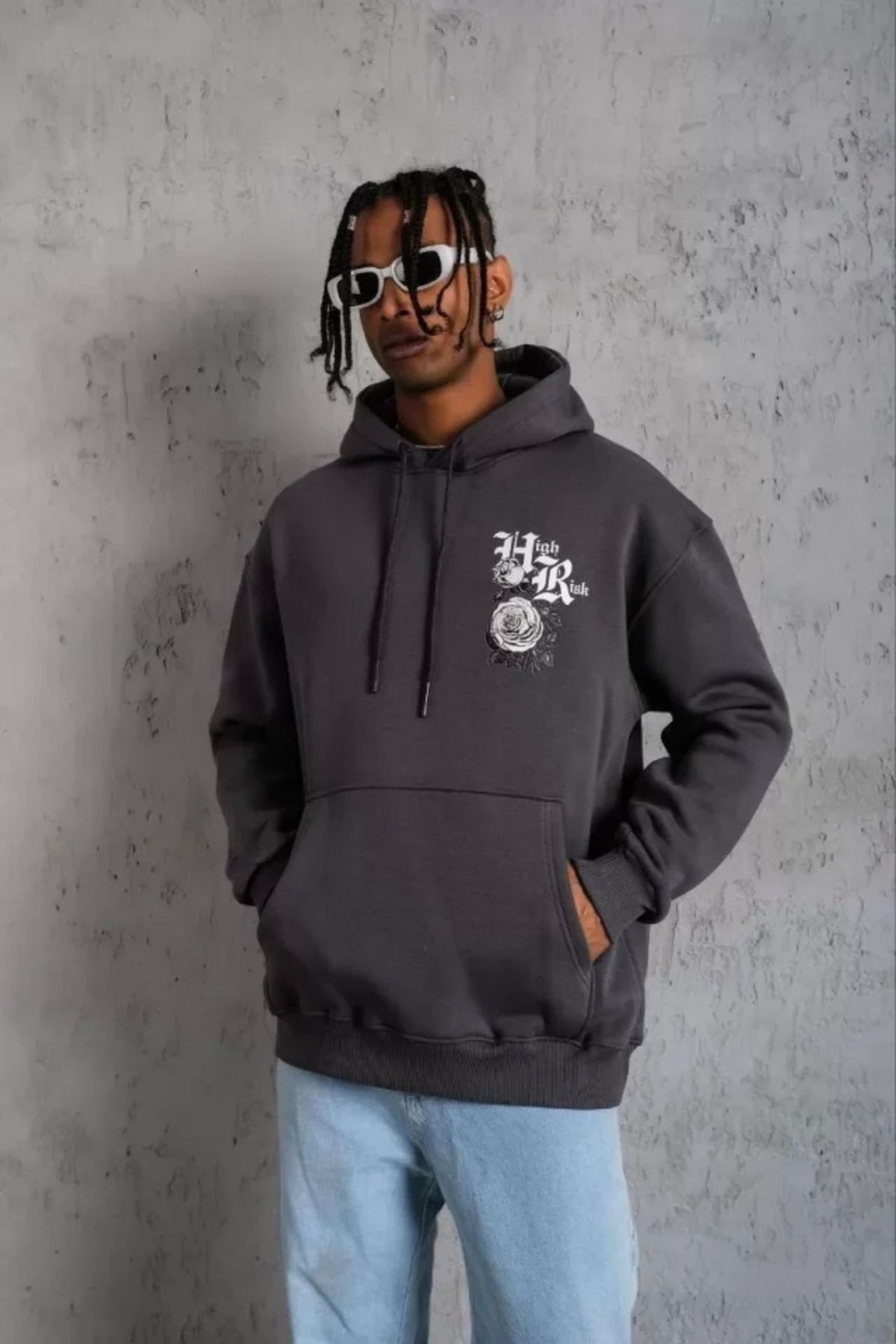 Silerra Erkek Baskılı Kapşonlu Sweat - Füme