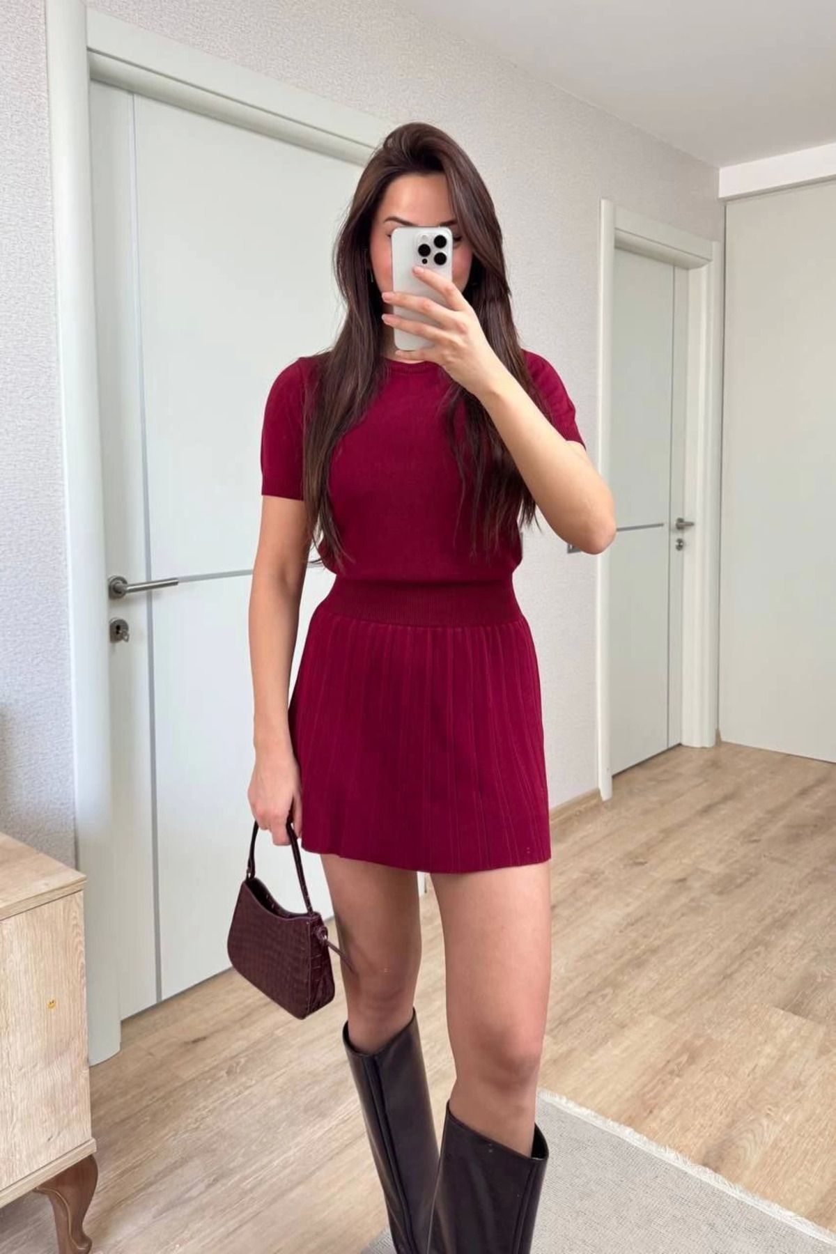 Pink Stil Kısa Kollu Bluz Mini Etekli ikili Takım Triko - Bordo