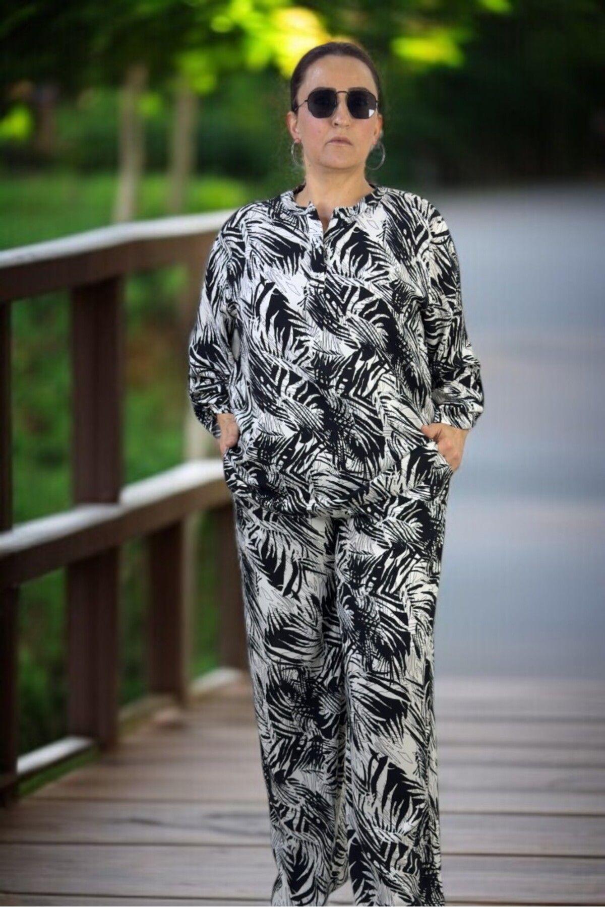 yagmurberen-Palm Print Front Half Buttoned Judge Collar Bluzel Belt Elastic Waist Trousers Large Size Double Set 7