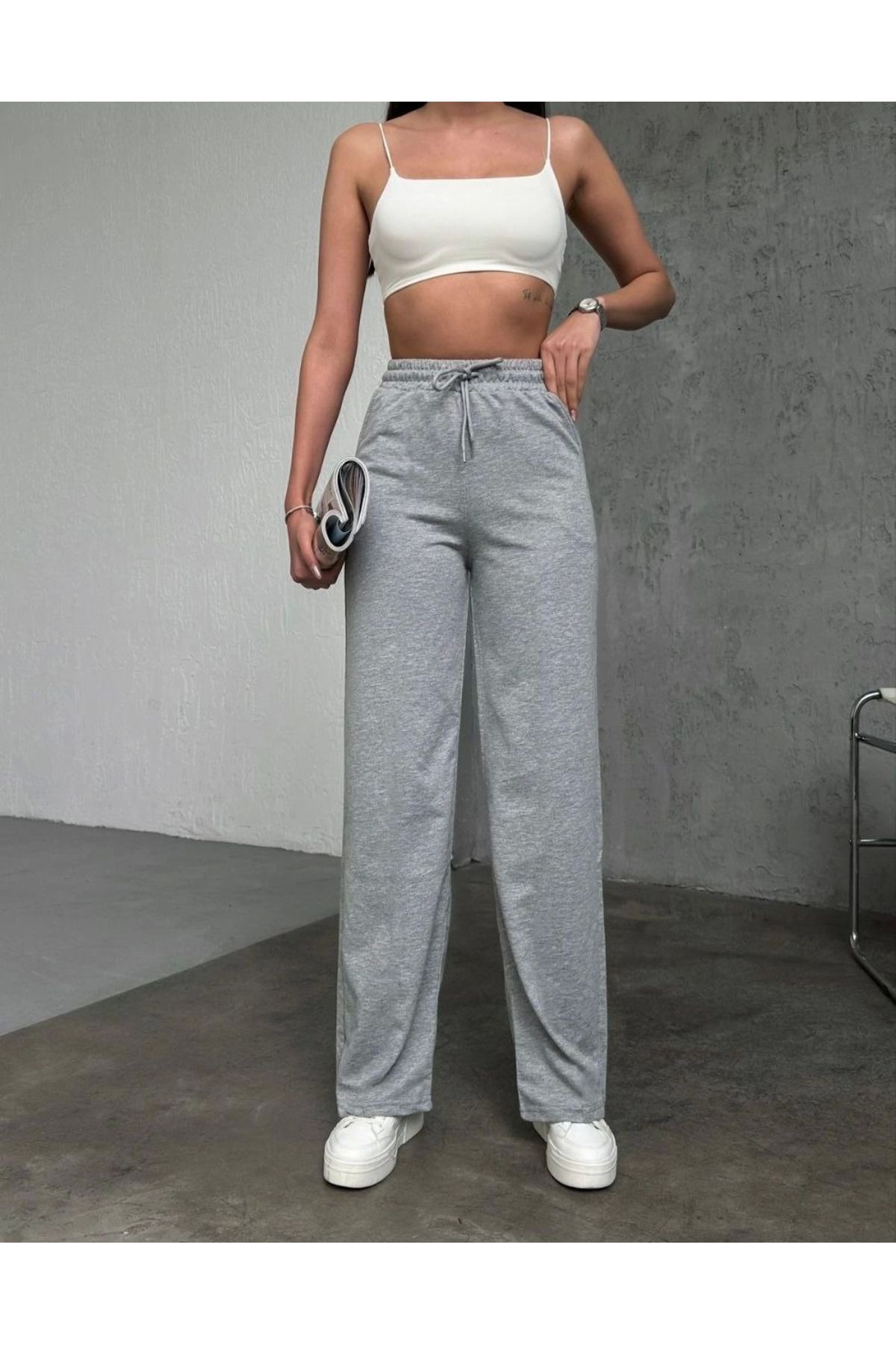 Pink Stil Basic Üç İplik Eşofman Pantolon - Gri