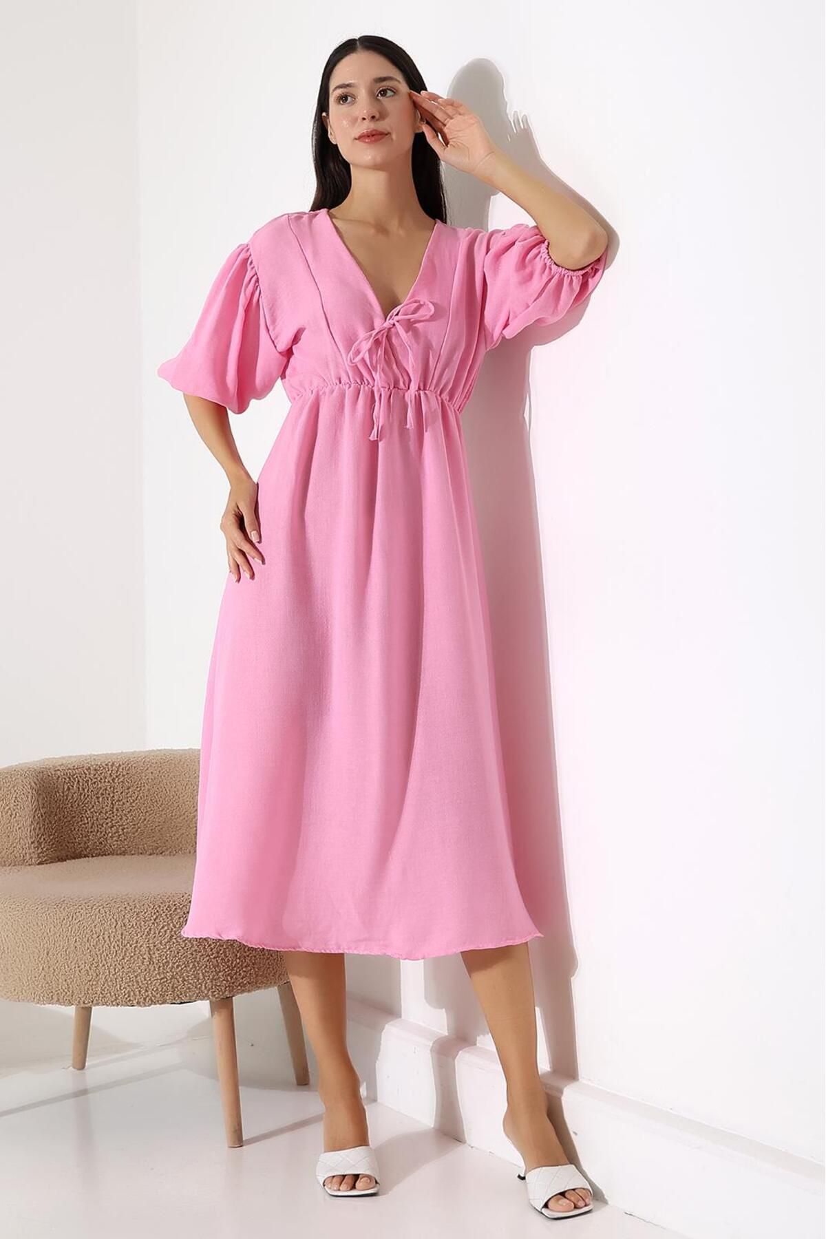 MODA Kruvaze Pembe Dokuma Elbise