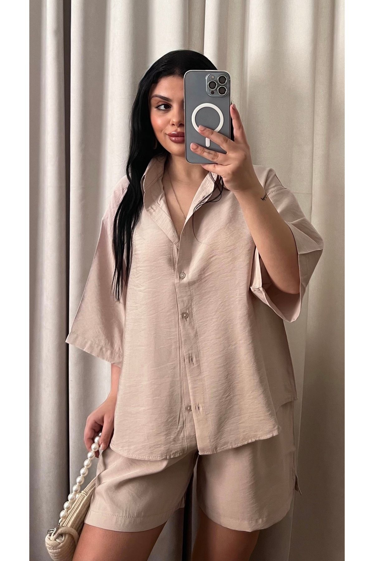 Butik BEJ TULİP GÖMLEK ŞORT TAKIM