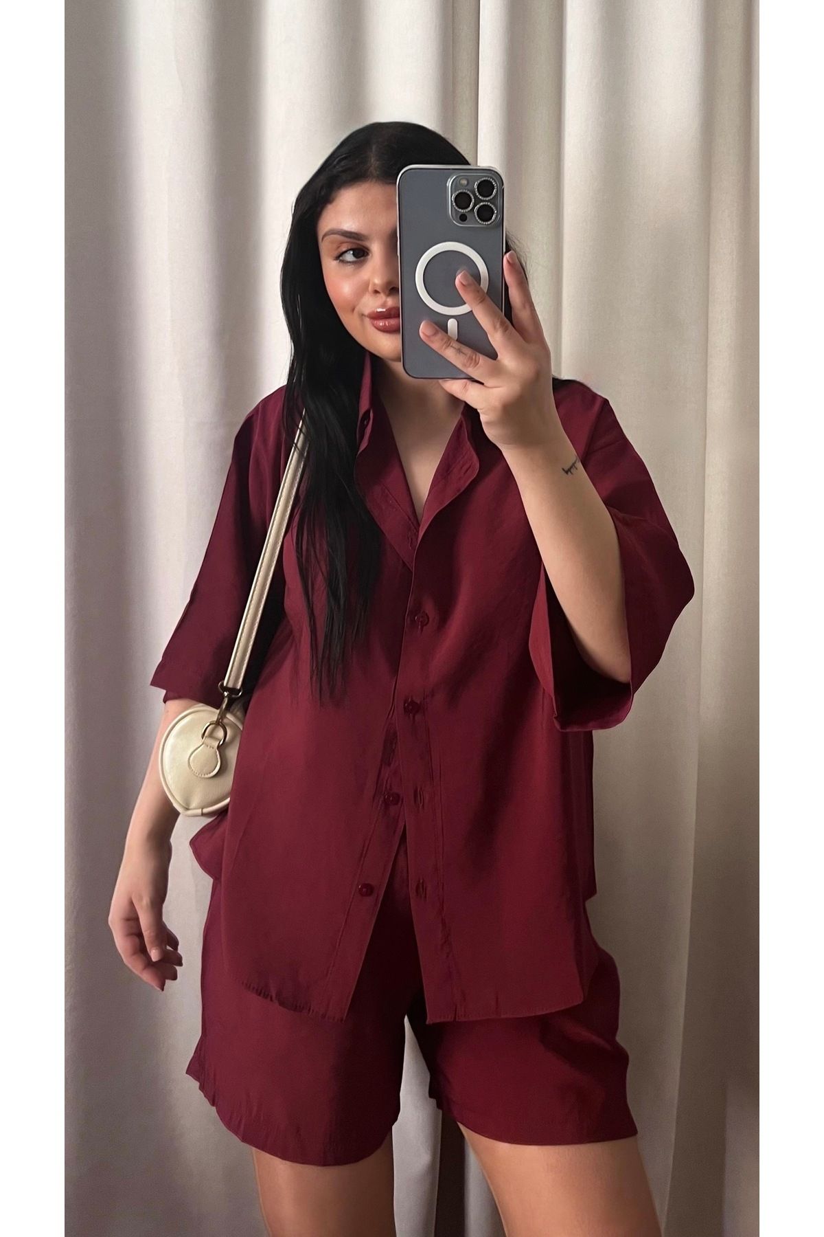 Butik BORDO TULİP GÖMLEK ŞORT TAKIM