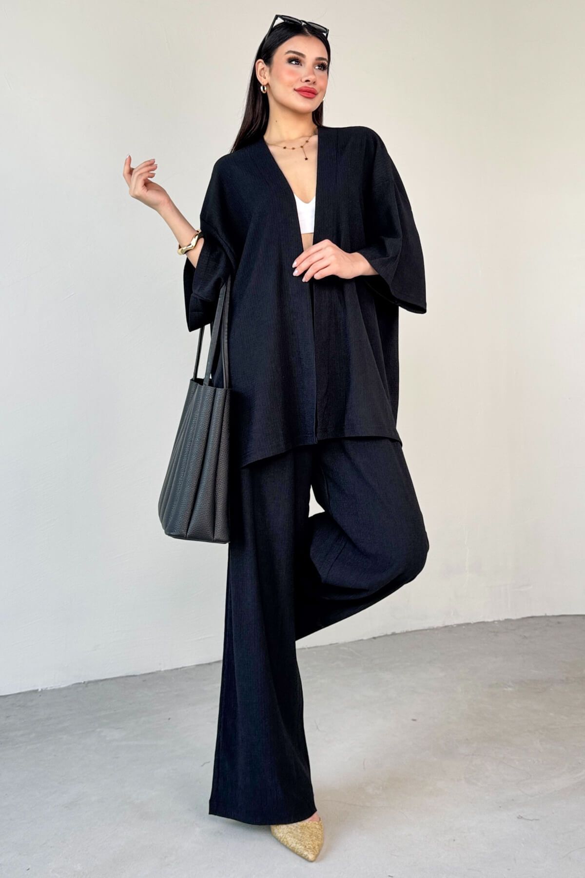 Cappmoda TKM-13297 Siyah Modern Kesim Kimono & Salaş Pantolon Yazlık İkili Takım